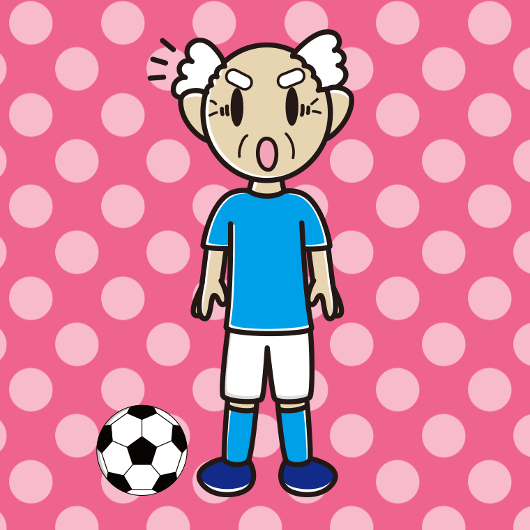 驚くサッカーのユニフォーム姿のおじいさんのイラスト【色、背景あり】PNG