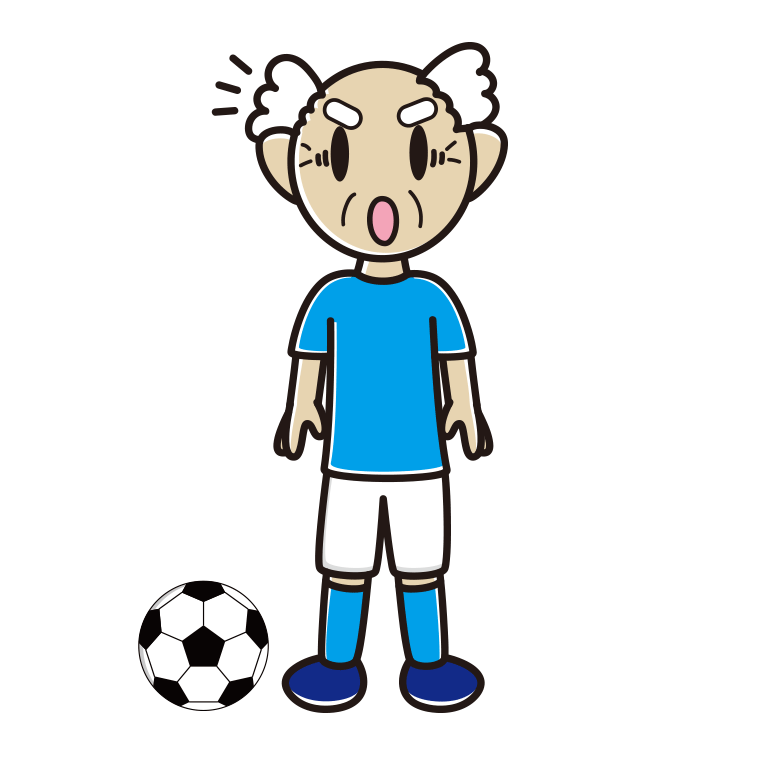 驚くサッカーのユニフォーム姿のおじいさんのイラスト【色あり、背景なし】透過PNG