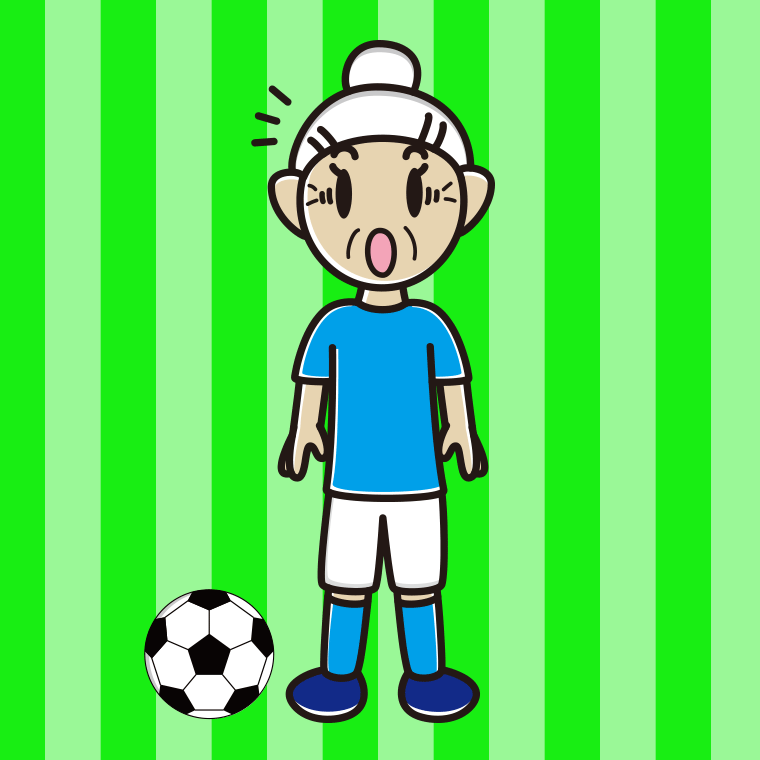 驚くサッカーのユニフォーム姿のおばあさんのイラスト【色、背景あり】PNG