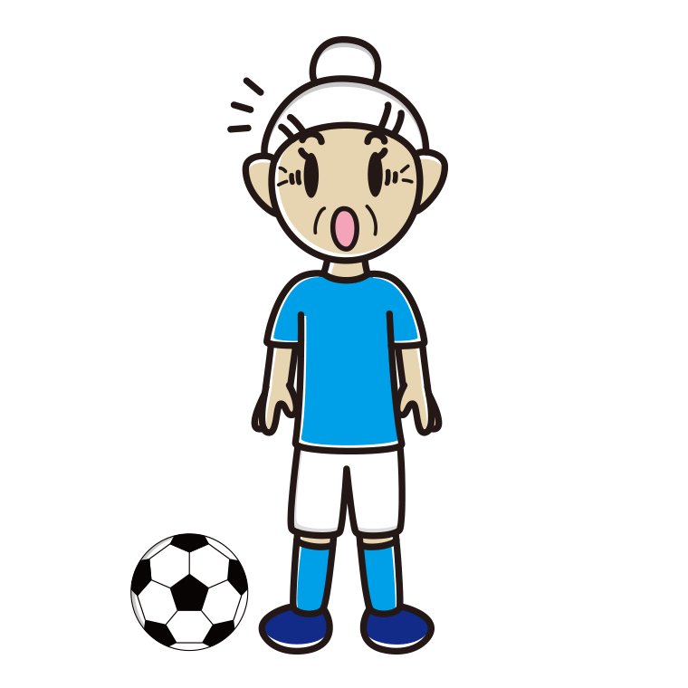 驚くサッカーのユニフォーム姿のおばあさんのイラスト【色あり、背景なし】透過PNG