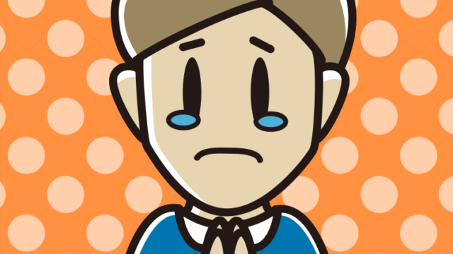 泣きながら合掌する男性のイラスト【色、背景あり】PNG