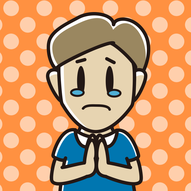 泣きながら合掌する男性のイラスト【色、背景あり】PNG