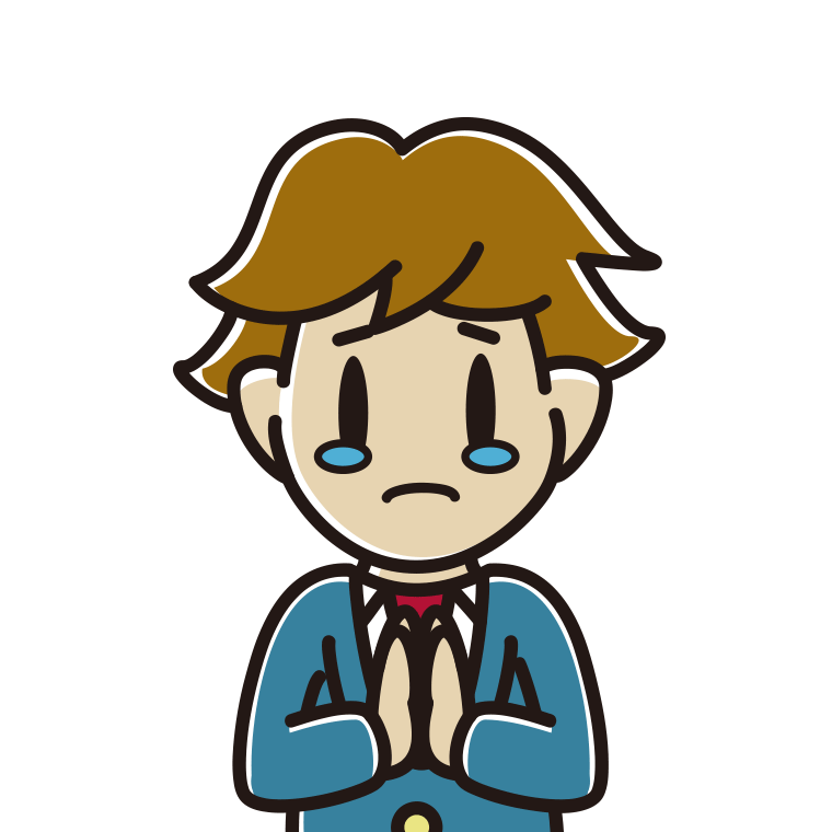 泣きながら合掌する男子高校生のイラスト【色あり、背景なし】透過PNG