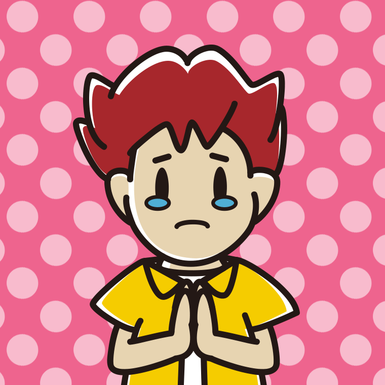 泣きながら合掌する男子大学生のイラスト【色、背景あり】PNG