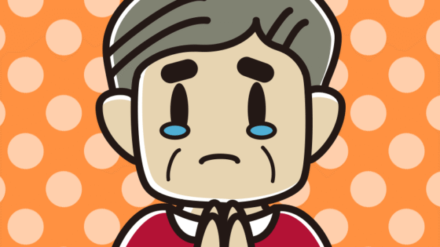 泣きながら合掌するおじさんのイラスト【色、背景あり】PNG