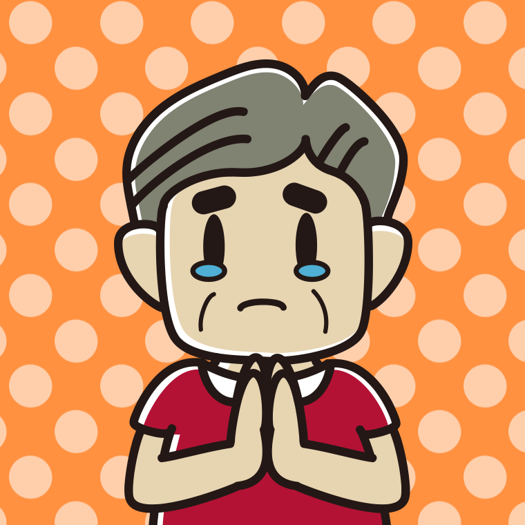 泣きながら合掌するおじさんのイラスト【色、背景あり】PNG
