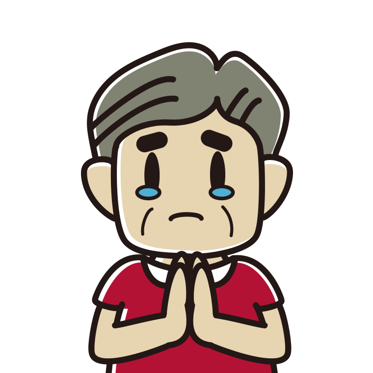 泣きながら合掌するおじさんのイラスト【色あり、背景なし】透過PNG