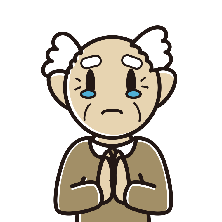 泣きながら合掌するおじいさんのイラスト【色あり、背景なし】透過PNG