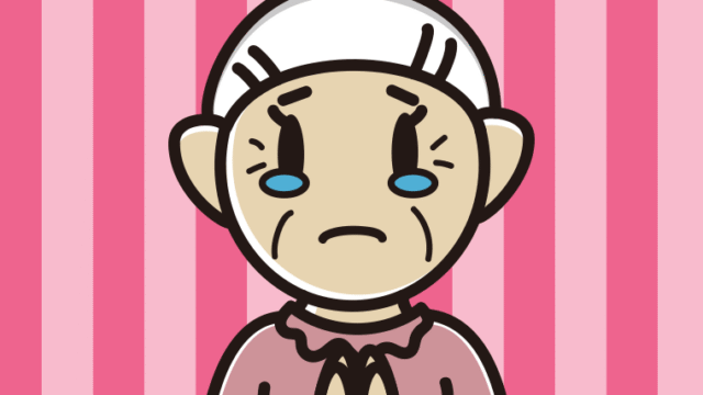 泣きながら合掌するおばあさんのイラスト【色、背景あり】PNG