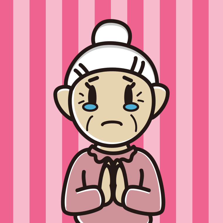 泣きながら合掌するおばあさんのイラスト【色、背景あり】PNG