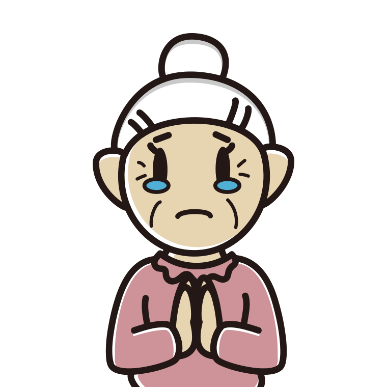 泣きながら合掌するおばあさんのイラスト【色あり、背景なし】透過PNG