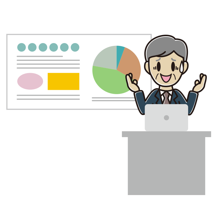 プレゼンで困る年配男性会社員のイラスト【色あり、背景なし】透過PNG