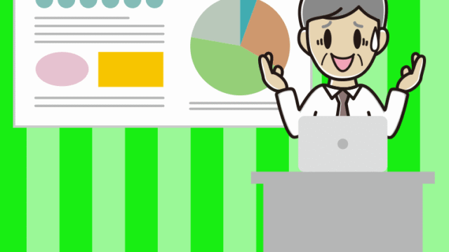 プレゼンで困る年配男性会社員（ワイシャツ）のイラスト【色、背景あり】PNG