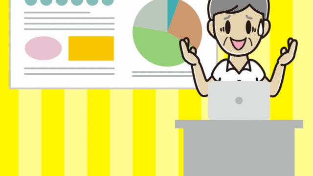 プレゼンで困る年配男性会社員（クールビズ）のイラスト【色、背景あり】PNG