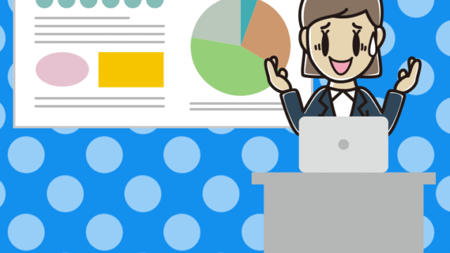 プレゼンで困る女性会社員のイラスト【色、背景あり】PNG