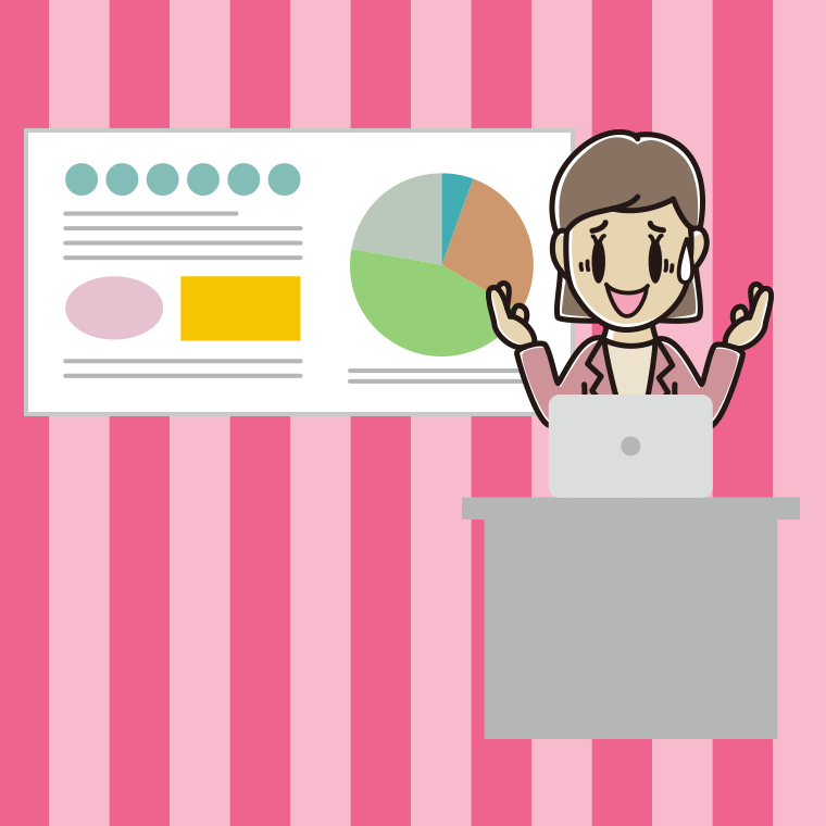 プレゼンで困る女性会社員（カジュアル）のイラスト【色、背景あり】PNG