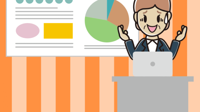 プレゼンで困る年配女性会社員のイラスト【色、背景あり】PNG