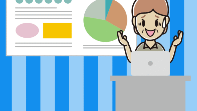 プレゼンで困る年配女性会社員（クールビズ）のイラスト【色、背景あり】PNG