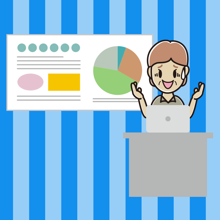 プレゼンで困る年配女性会社員（クールビズ）のイラスト【色、背景あり】PNG