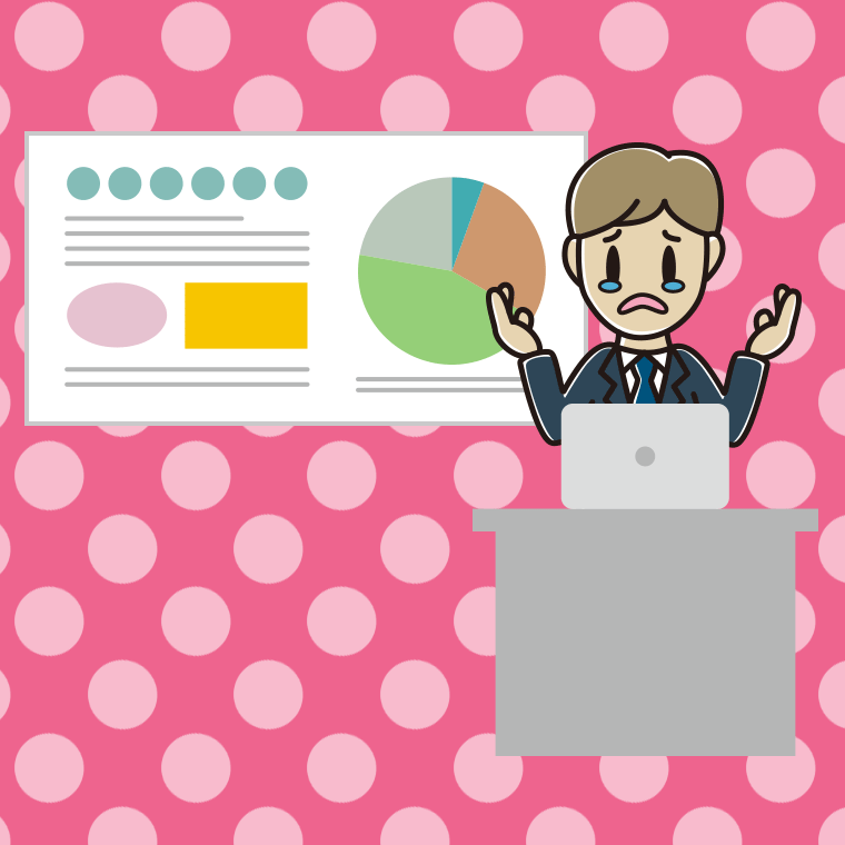 泣きながらプレゼンする男性会社員のイラスト【色、背景あり】PNG