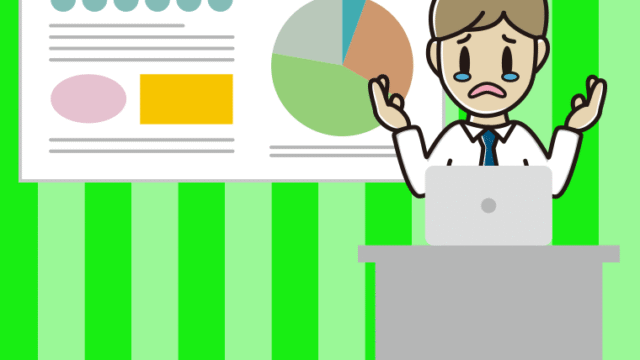 泣きながらプレゼンする男性会社員（ワイシャツ）のイラスト【色、背景あり】PNG