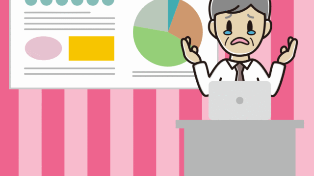 泣きながらプレゼンする年配男性会社員（ワイシャツ）のイラスト【色、背景あり】PNG