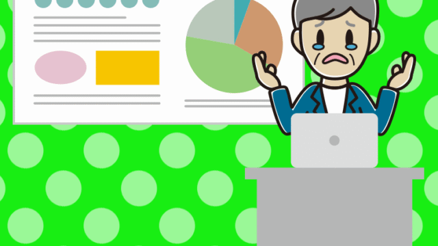 泣きながらプレゼンする年配男性会社員（カジュアル）のイラスト【色、背景あり】PNG