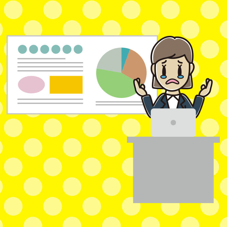 泣きながらプレゼンする女性会社員のイラスト【色、背景あり】PNG