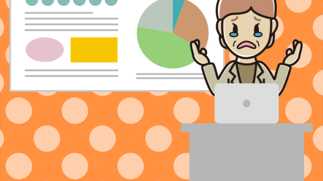 泣きながらプレゼンする年配女性会社員（カジュアル）のイラスト【色、背景あり】PNG