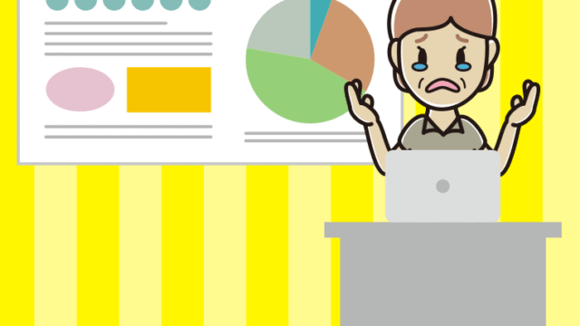 泣きながらプレゼンする年配女性会社員（クールビズ）のイラスト【色、背景あり】PNG