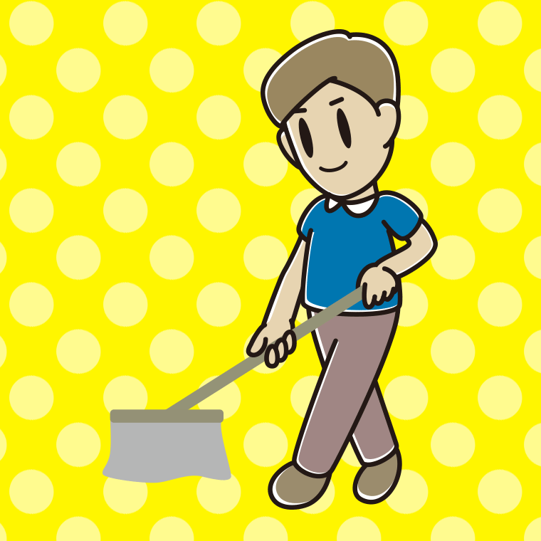 モップがけする男性のイラスト【色、背景あり】PNG