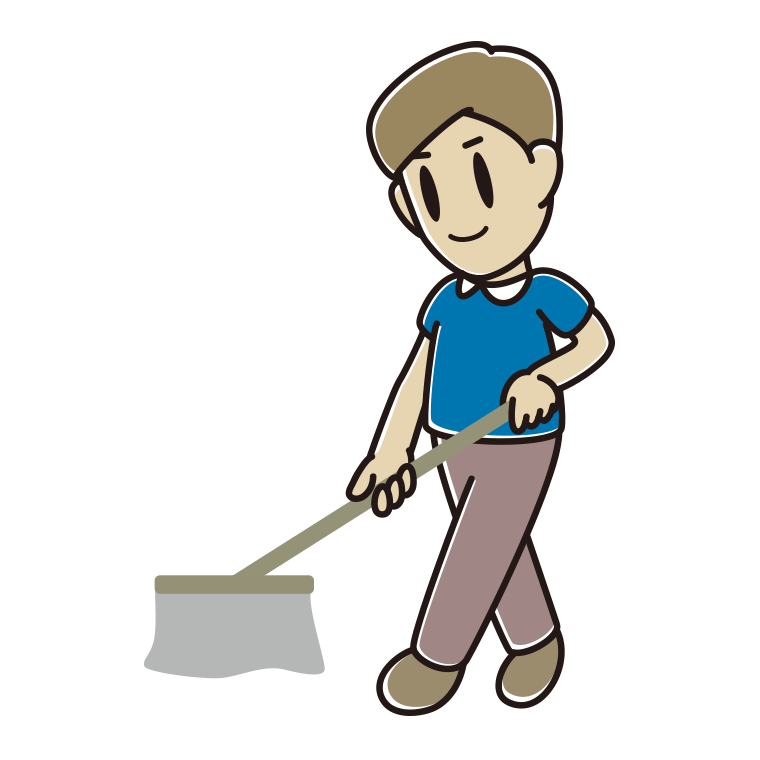 モップがけする男性のイラスト【色あり、背景なし】透過PNG
