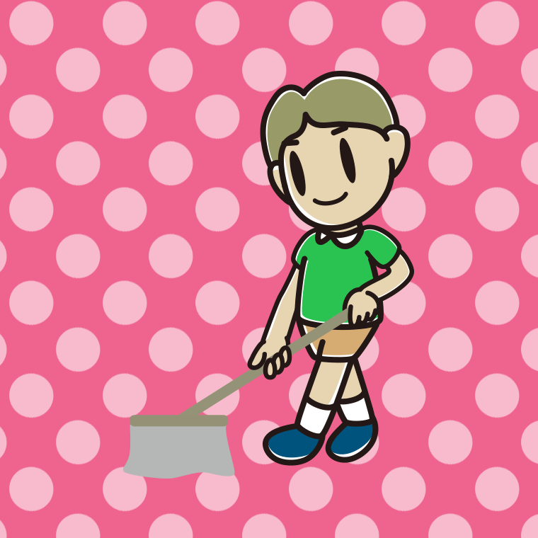 モップがけする小学生男子のイラスト【色、背景あり】PNG