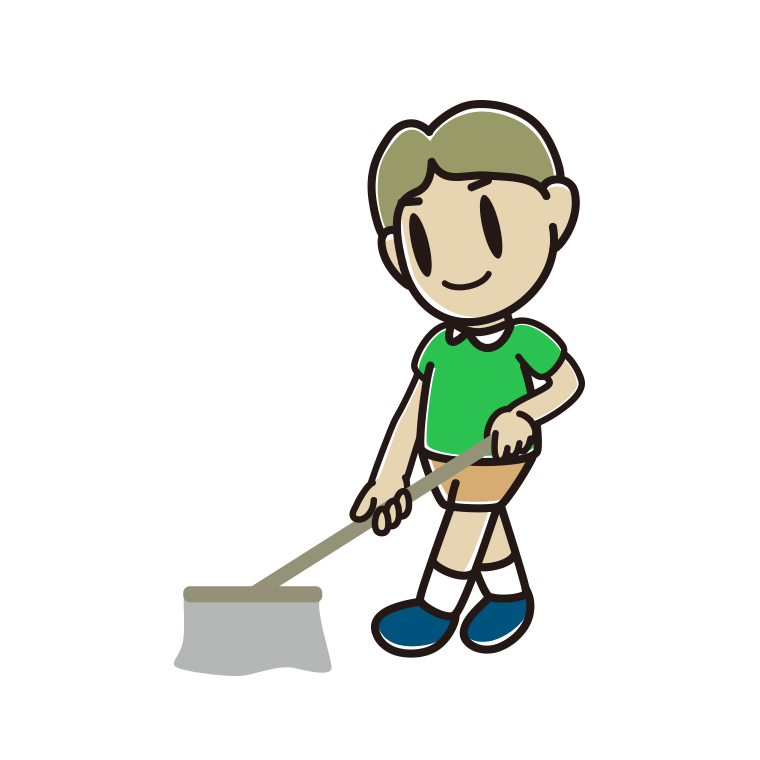 モップがけする小学生男子のイラスト【色あり、背景なし】透過PNG