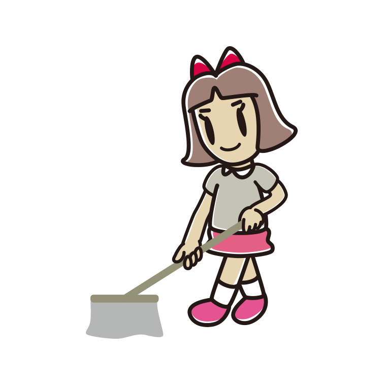 モップがけする小学生女子のイラスト【色あり、背景なし】透過PNG