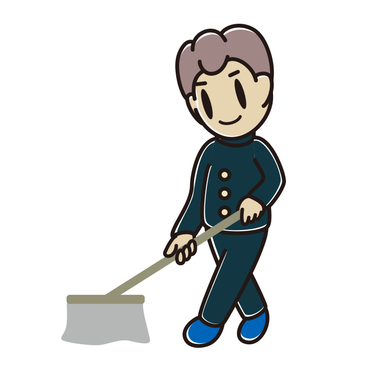 モップがけする男子中学生のイラスト【色あり、背景なし】透過PNG