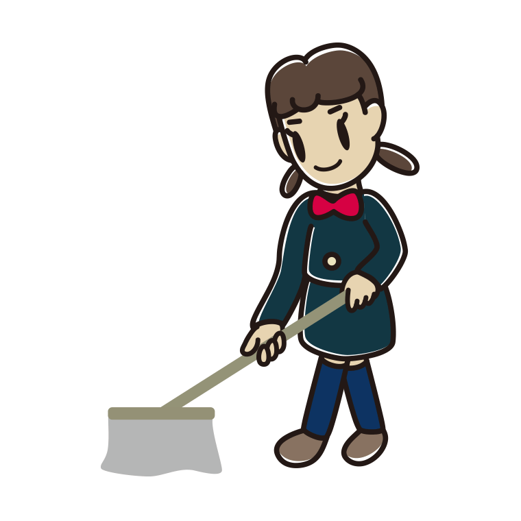 モップがけする女子中学生のイラスト【色あり、背景なし】透過PNG