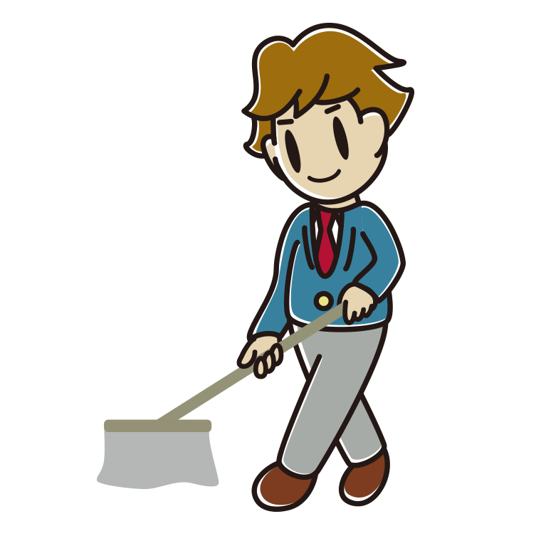 モップがけする男子高校生のイラスト【色あり、背景なし】透過PNG