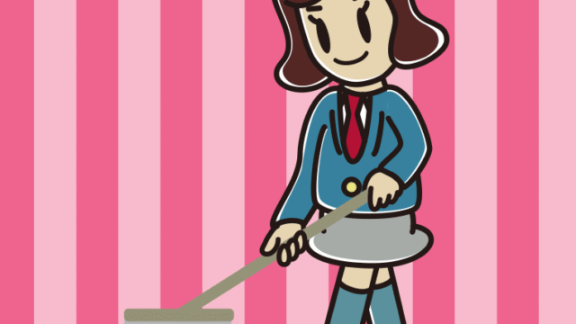 モップがけする女子高校生のイラスト【色、背景あり】PNG