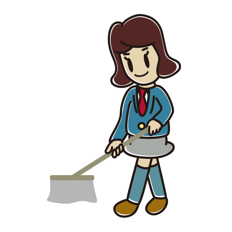 モップがけする女子高校生のイラスト【色あり、背景なし】透過PNG