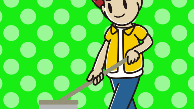 モップがけする男子大学生のイラスト【色、背景あり】PNG