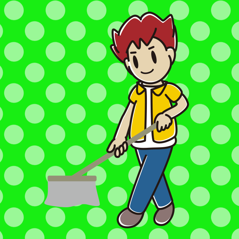 モップがけする男子大学生のイラスト【色、背景あり】PNG
