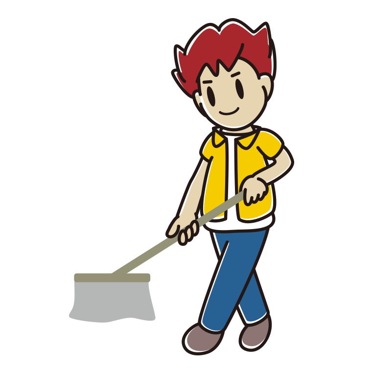 モップがけする男子大学生のイラスト【色あり、背景なし】透過PNG