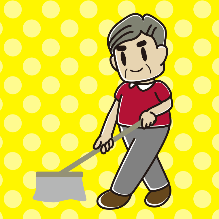 モップがけするおじさんのイラスト【色、背景あり】PNG