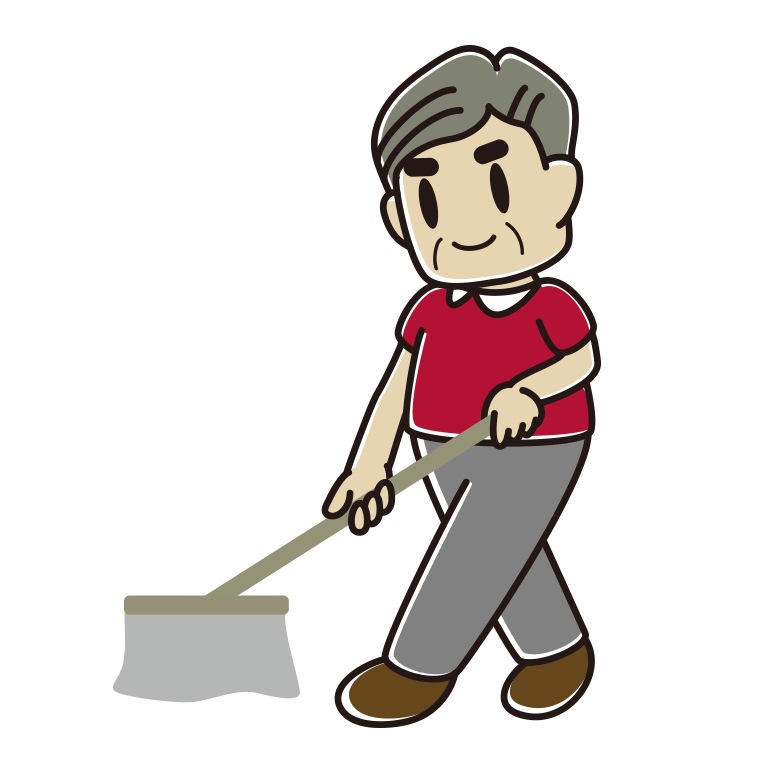 モップがけするおじさんのイラスト【色あり、背景なし】透過PNG