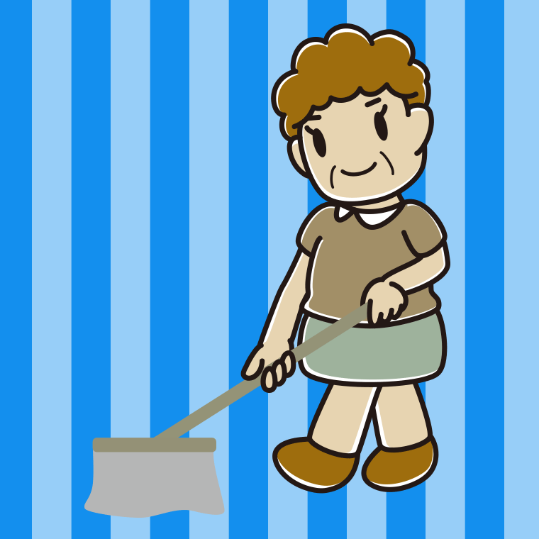 モップがけするおばさんのイラスト【色、背景あり】PNG