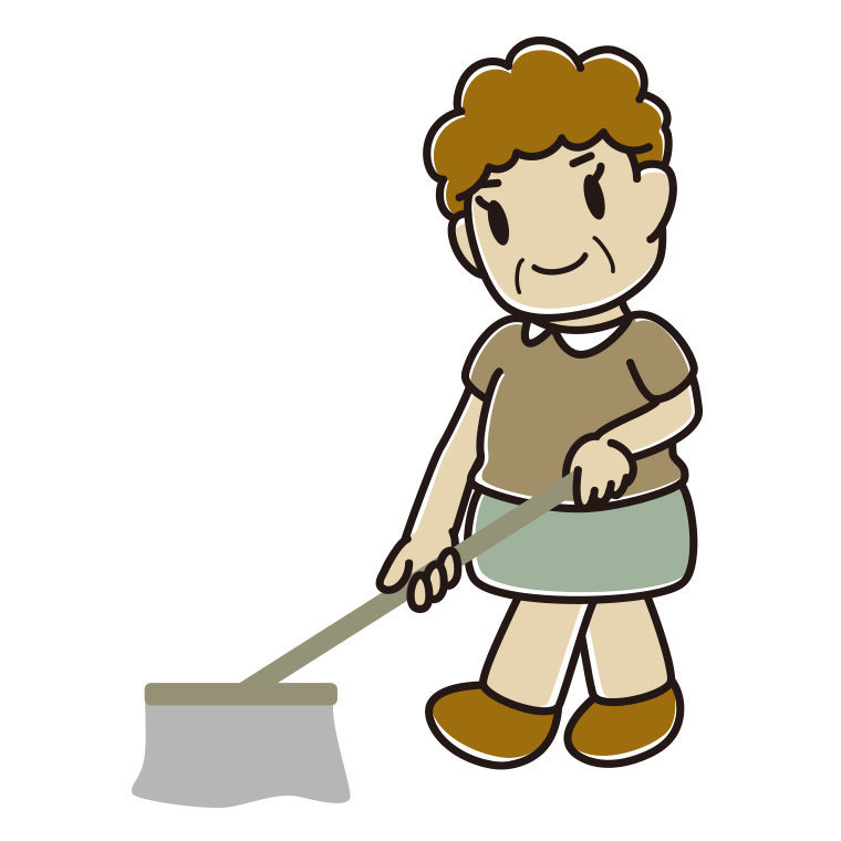モップがけするおばさんのイラスト【色あり、背景なし】透過PNG