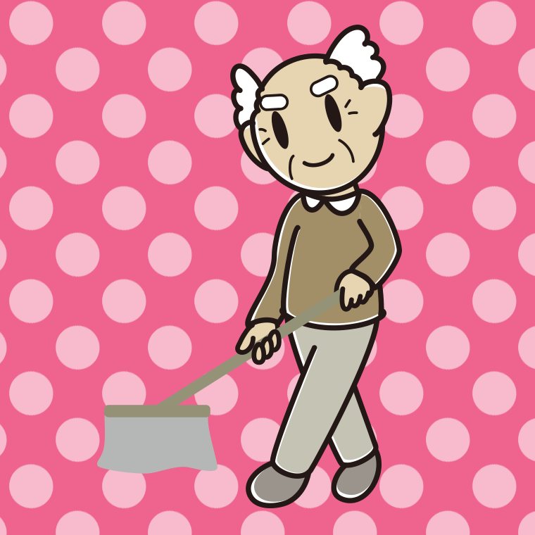 モップがけするおじいさんのイラスト【色、背景あり】PNG