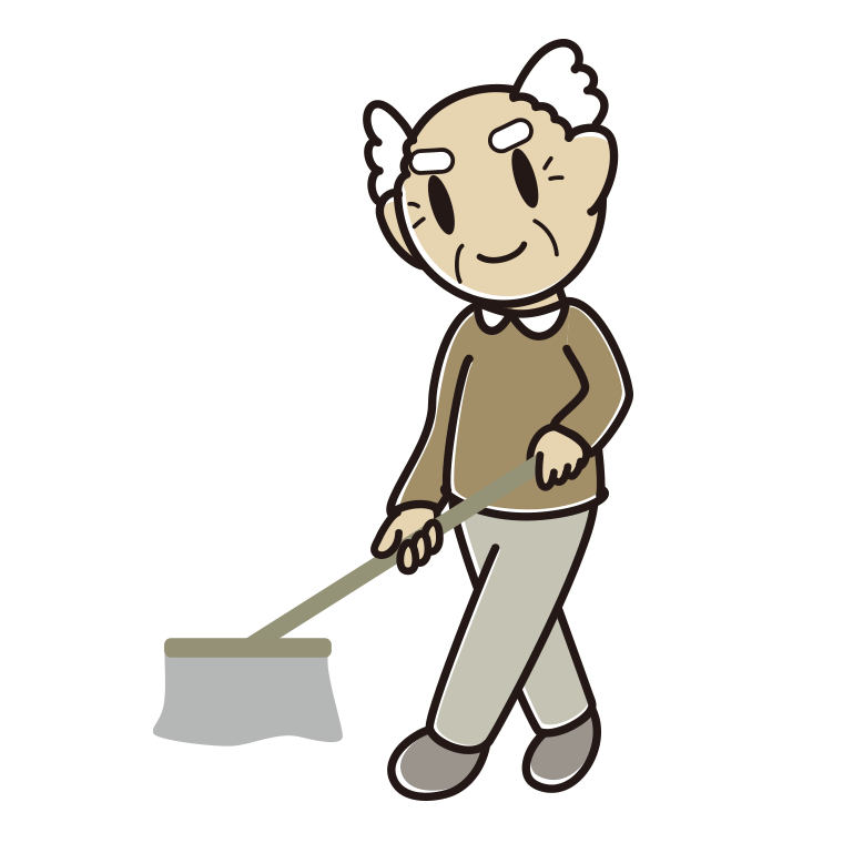 モップがけするおじいさんのイラスト【色あり、背景なし】透過PNG