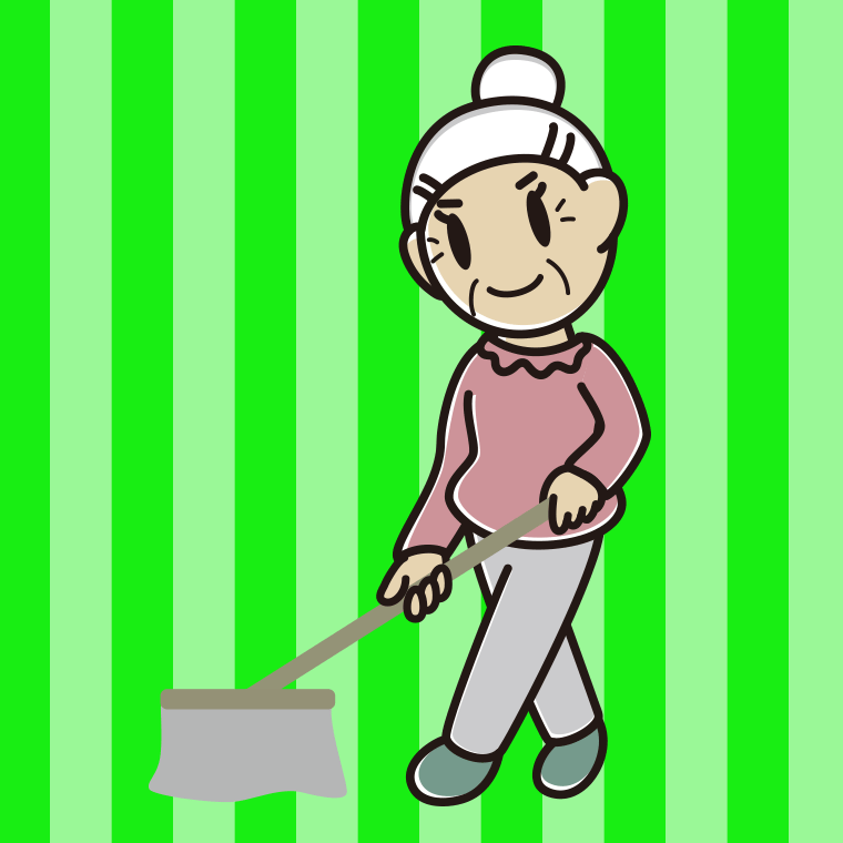 モップがけするおばあさんのイラスト【色、背景あり】PNG